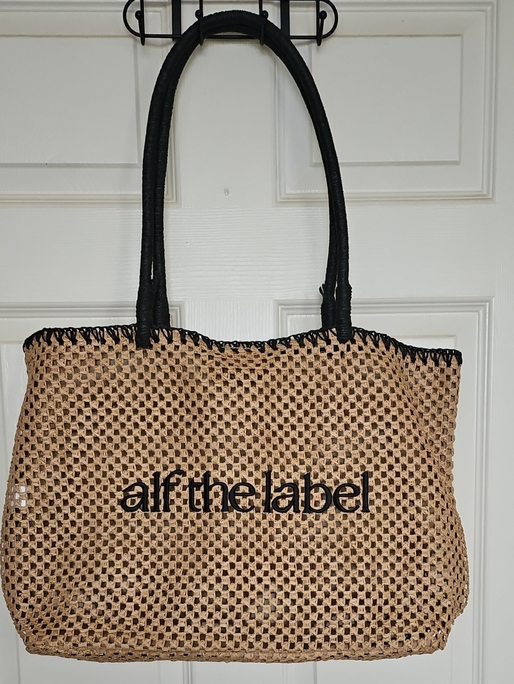 Alf The Label Raffia Tote Bag in Natural with Black Trim